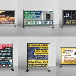 Zestaw roll-upów reklamowych z różnymi ofertami firm: sprzedaż i wynajem nieruchomości, montaż klimatyzacji, wykończenia wnętrz, serwis klimatyzacji, wymiana opon, usługi sprzętowe.