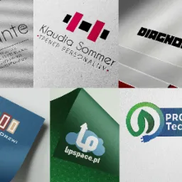 Kolaż sześciu różnych, minimalistycznych projektów logo na papierze o zróżnicowanej fakturze i kolorystyce, prezentujących różnorodne style i branże.