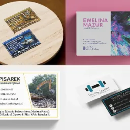 Zestaw wizytówek różnych firm, prezentujących usługi transportowe, budowlane i personalne, ułożonych na zróżnicowanych tłach.