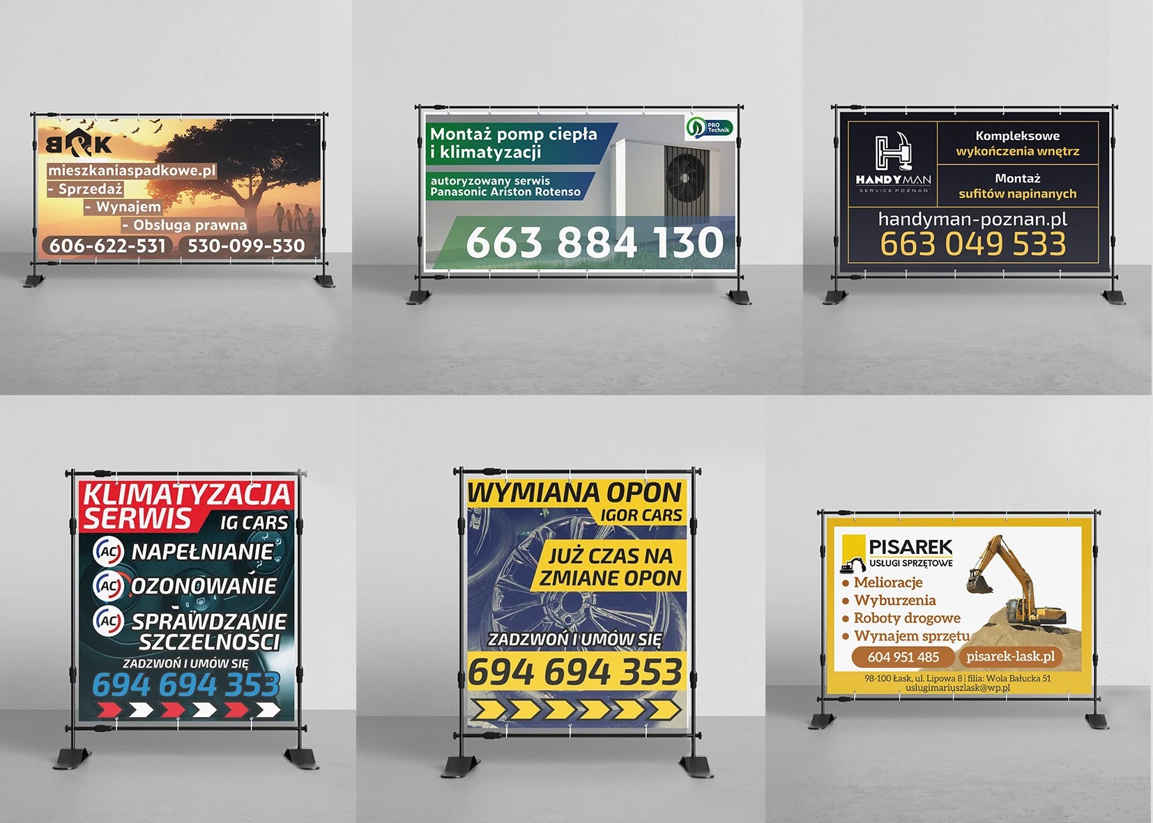 Zestaw roll-upów reklamowych z różnymi ofertami firm: sprzedaż i wynajem nieruchomości, montaż klimatyzacji, wykończenia wnętrz, serwis klimatyzacji, wymiana opon, usługi sprzętowe.