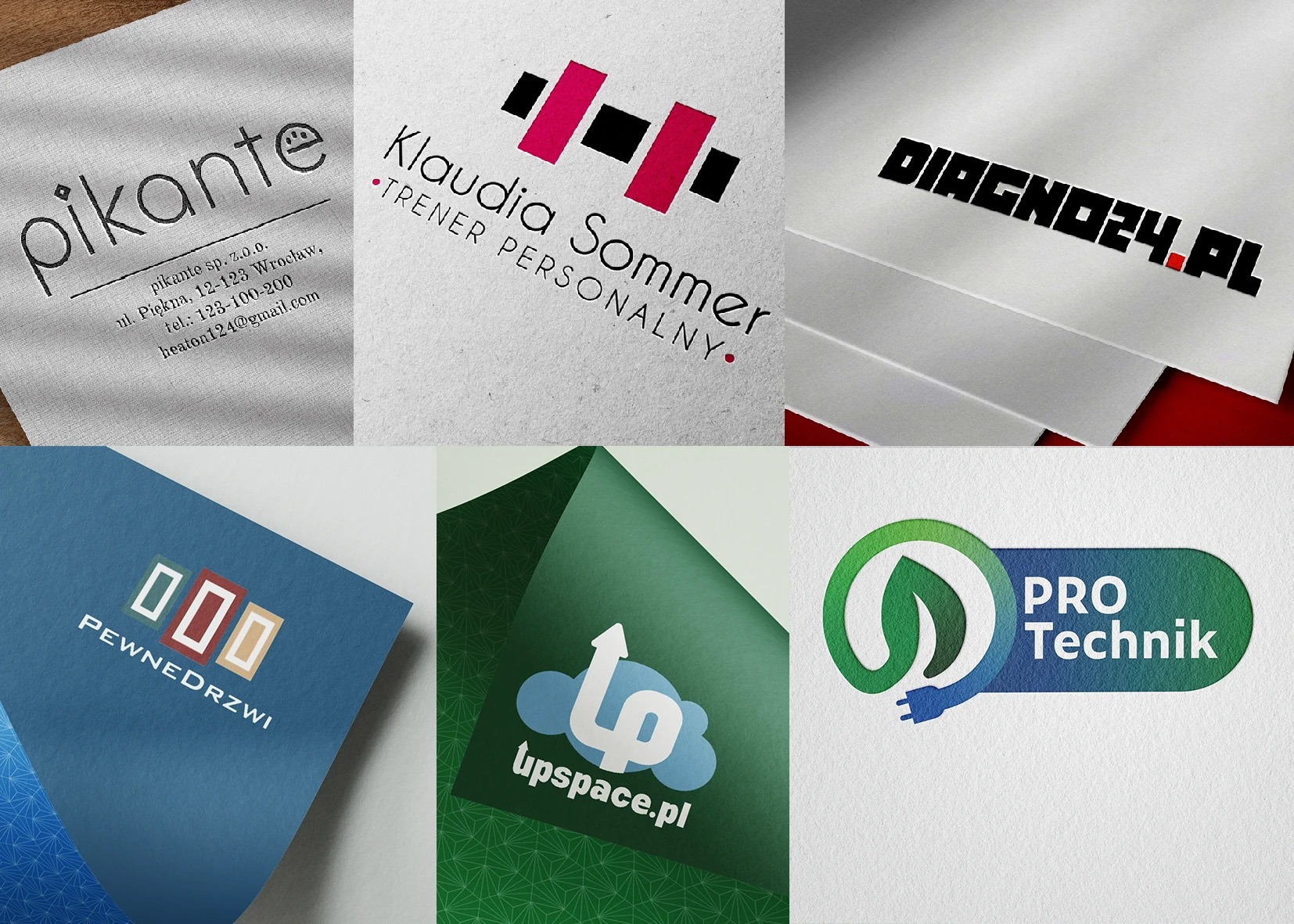 Kolaż sześciu różnych, minimalistycznych projektów logo na papierze o zróżnicowanej fakturze i kolorystyce, prezentujących różnorodne style i branże.