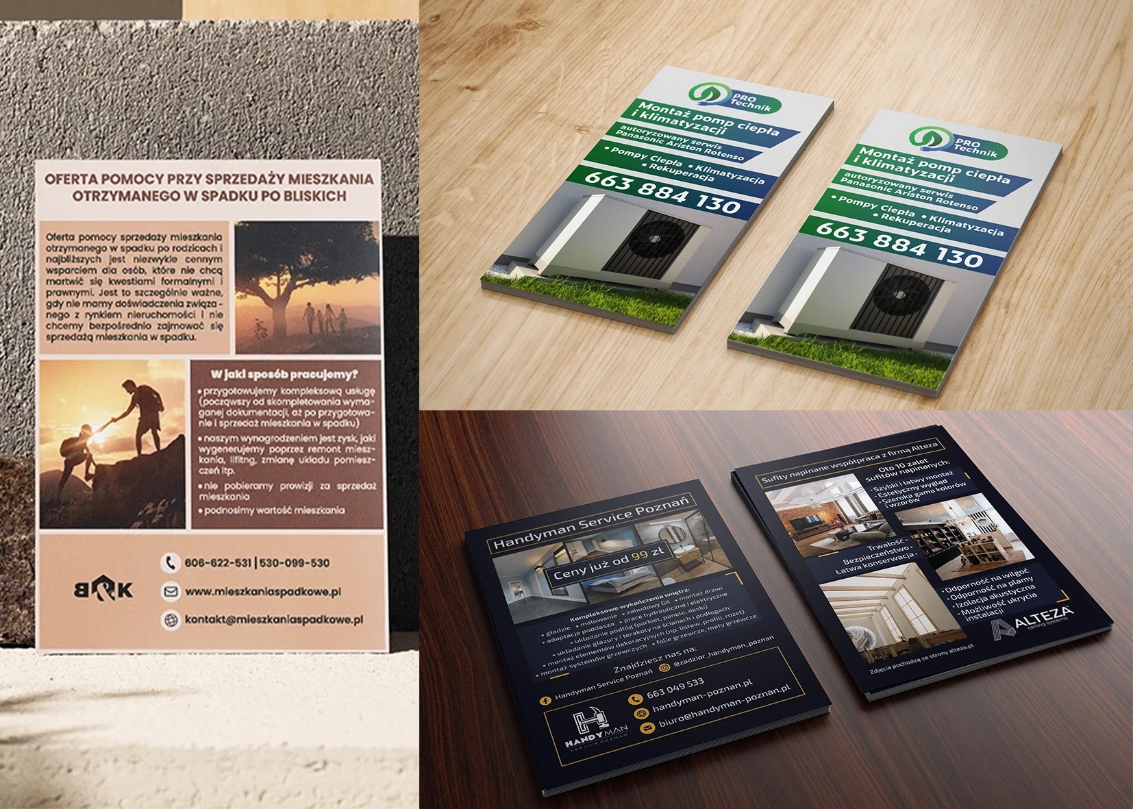 Kompilacja wizytówek i ulotek reklamowych różnych firm, prezentujących usługi związane z montażem pomp ciepła, wykończeniem wnętrz, sufity napinane oraz pomoc w sprzedaży mieszkań.