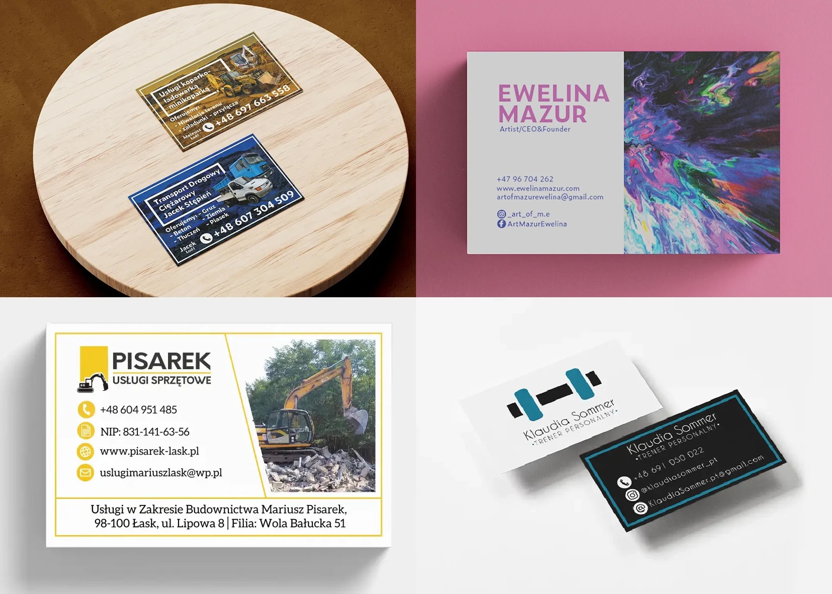 Zestaw wizytówek różnych firm, prezentujących usługi transportowe, budowlane i personalne, ułożonych na zróżnicowanych tłach.