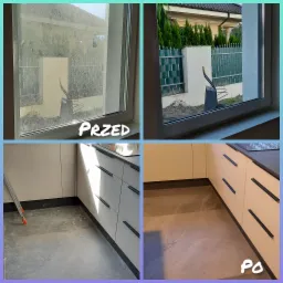 Kompozycja przed i po: brudne okno z widokiem na ogród kontra czyste okno, oraz zabrudzona podłoga w kuchni z drabiną kontra czysta podłoga przy szafkach.