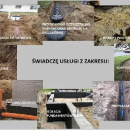 Zestawienie zdjęć prezentujących różne etapy prac budowlanych i instalacyjnych: kanalizacja ciśnieniowa, oczyszczalnia ścieków, wykopy pod fundamenty, kanalizacja grawitacyjna, korytowanie terenu...
