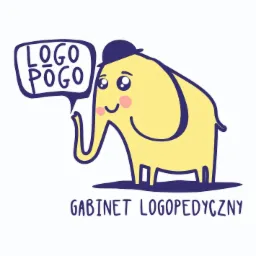 Ilustracja przedstawia żółtego słonia w granatowym kapeluszu, z dymkiem z napisem 'LOGO POGO' i tekstem 'GABINET LOGOPEDYCZNY' poniżej, wszystko w stylu dziecięcym.
