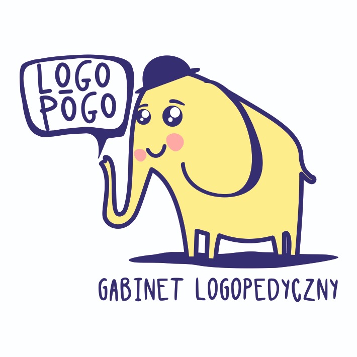 Ilustracja przedstawia żółtego słonia w granatowym kapeluszu, z dymkiem z napisem 'LOGO POGO' i tekstem 'GABINET LOGOPEDYCZNY' poniżej, wszystko w stylu dziecięcym.