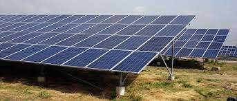 Rozległa instalacja paneli słonecznych na metalowych konstrukcjach, widok z dołu pod kątem, z suchą trawą w tle.