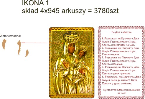Złota ikona religijna Matki Boskiej z Dzieciątkiem, wykonana techniką termodruku, obok tekst religijny w języku ukraińskim.