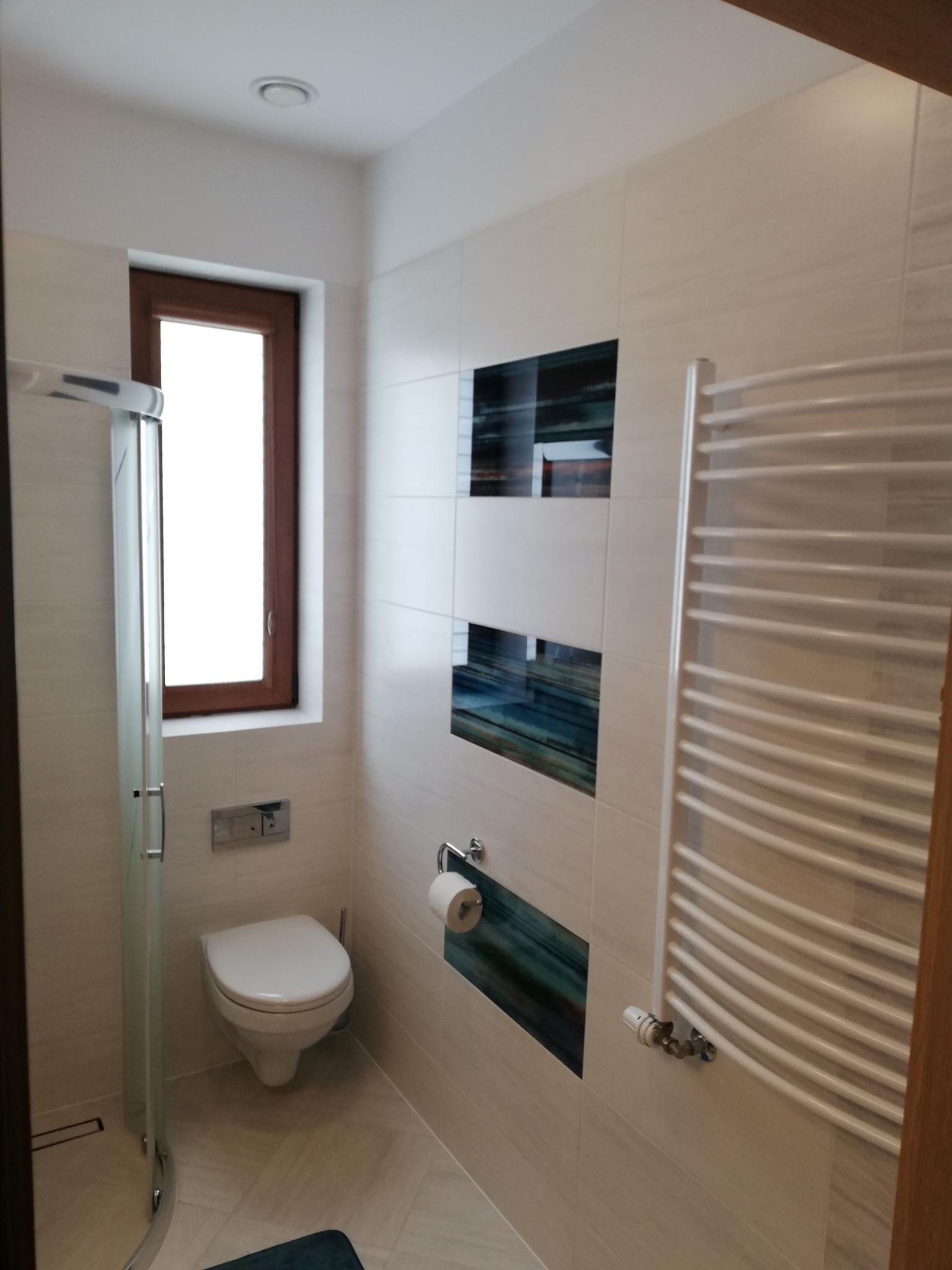 Jasna łazienka z kabiną prysznicową, toaletą, grzejnikiem drabinkowym i dekoracyjnymi płytkami z motywem akwamaryny.