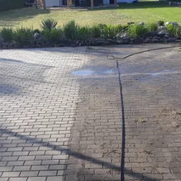 Częściowo wyczyszczona kostka brukowa na podjeździe, widoczna różnica między czystą a brudną powierzchnią, w tle trawnik z roślinnością ozdobną i dom.