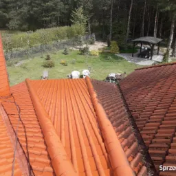 Częściowo umyty dach z czerwonej dachówki ceramicznej, widoczna różnica w kolorze, komin z dachówki, w tle ogród z altaną.