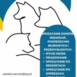 Grafika reklamowa firmy sprzątającej z stylizowanymi rysunkami zwierząt, adresem email wataha-service@op.pl i numerem telefonu +48 609 452 848, oferującej sprzątanie domów, mieszkań, powierzchni...