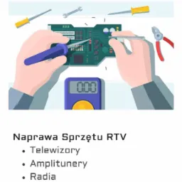 Ilustracja wektorowa przedstawiająca naprawę płyty głównej elektroniki użytkowej przy użyciu lutownicy i pincety, z multimetrem obok, w tle śrubokręty i klucz płaski, tekst 'Naprawa Sprzętu RTV'...
