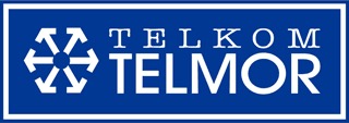 Niebieskie logo Telkom Telmor z białym symbolem sześcioramiennej gwiazdy z grotami strzałek na końcach ramion.