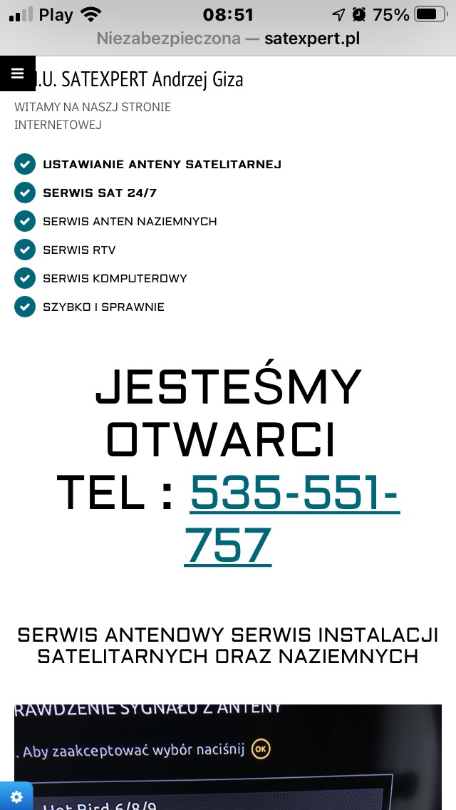 Strona internetowa firmy z Oświęcimia oferującej ustawianie anten satelitarnych, serwis SAT 24/7, serwis anten naziemnych, serwis RTV i komputerowy, z widocznym numerem telefonu kontaktowego.