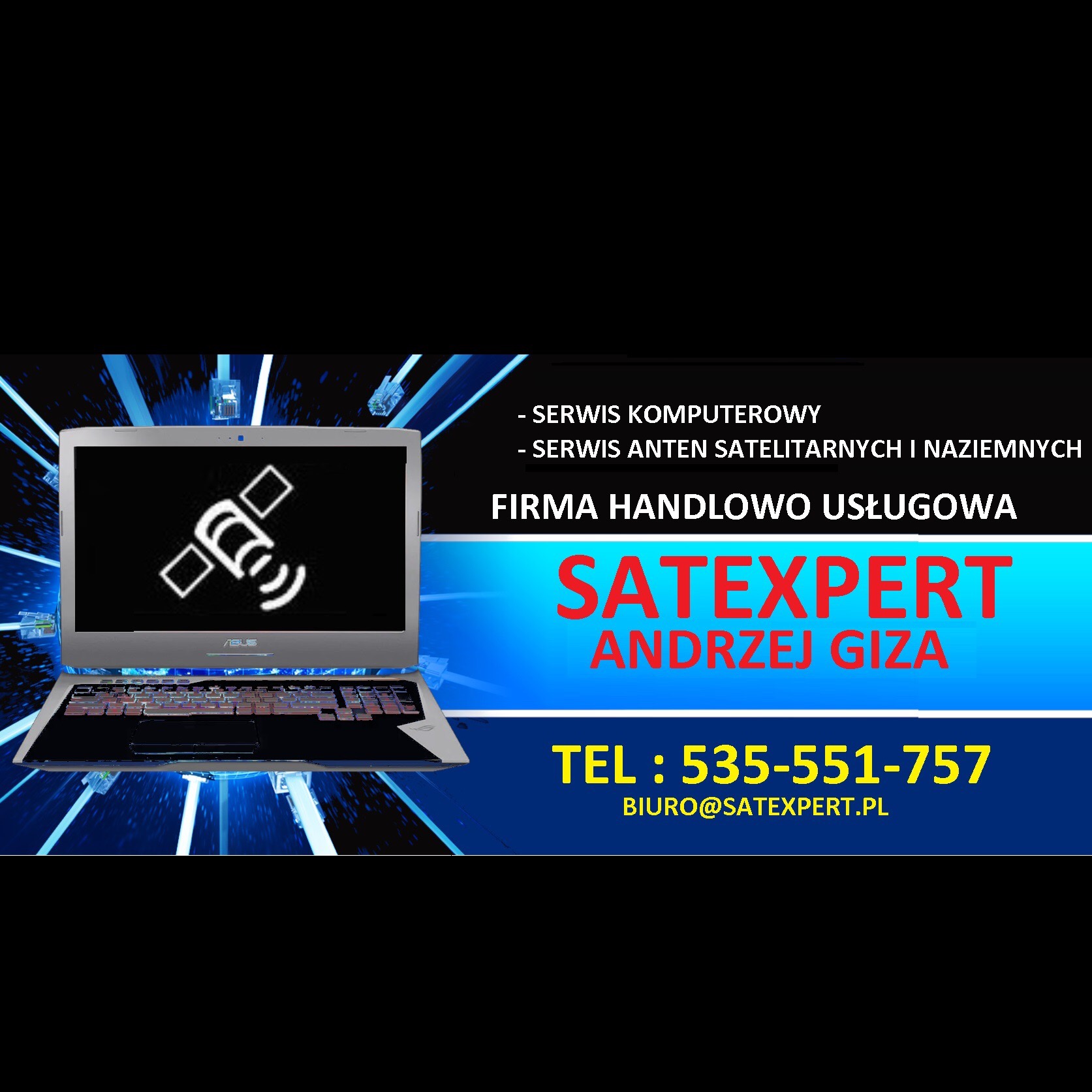 Laptop ASUS z logiem satelity na ekranie, na tle grafiki z kablami sieciowymi i danymi firmy SatExpert z numerem telefonu i adresem e-mail.