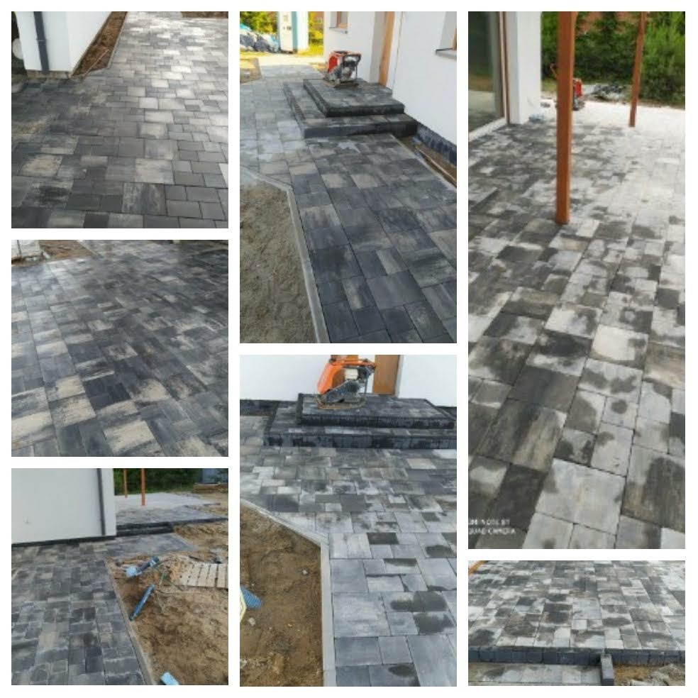 Kompozycja zdjęć przedstawiająca ułożoną, szarą kostkę brukową na podjeździe i schodach przed domem, z widocznym zagęszczarką w tle i fragmentami niezakończonych prac ziemnych.