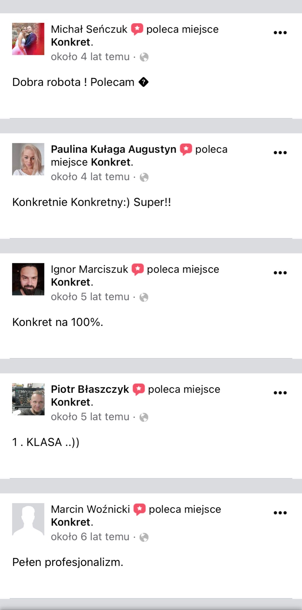 Zrzut ekranu z rekomendacjami użytkowników dla firmy Konkret, zawierający pozytywne opinie i oceny.