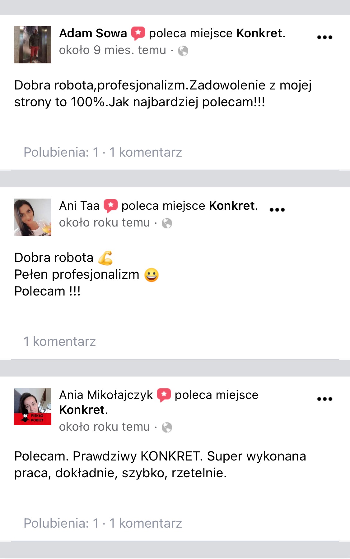 Zrzut ekranu z pozytywnymi opiniami klientów o firmie 'Konkret', podkreślającymi dobrą robotę, profesjonalizm, zadowolenie, dokładność, szybkość i rzetelność.