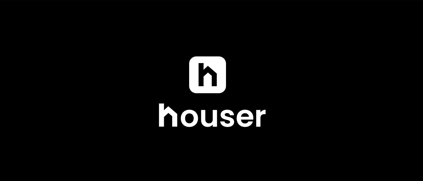 Logo firmy 'houser' z symbolem domu w zaokrąglonym kwadracie na czarnym tle.