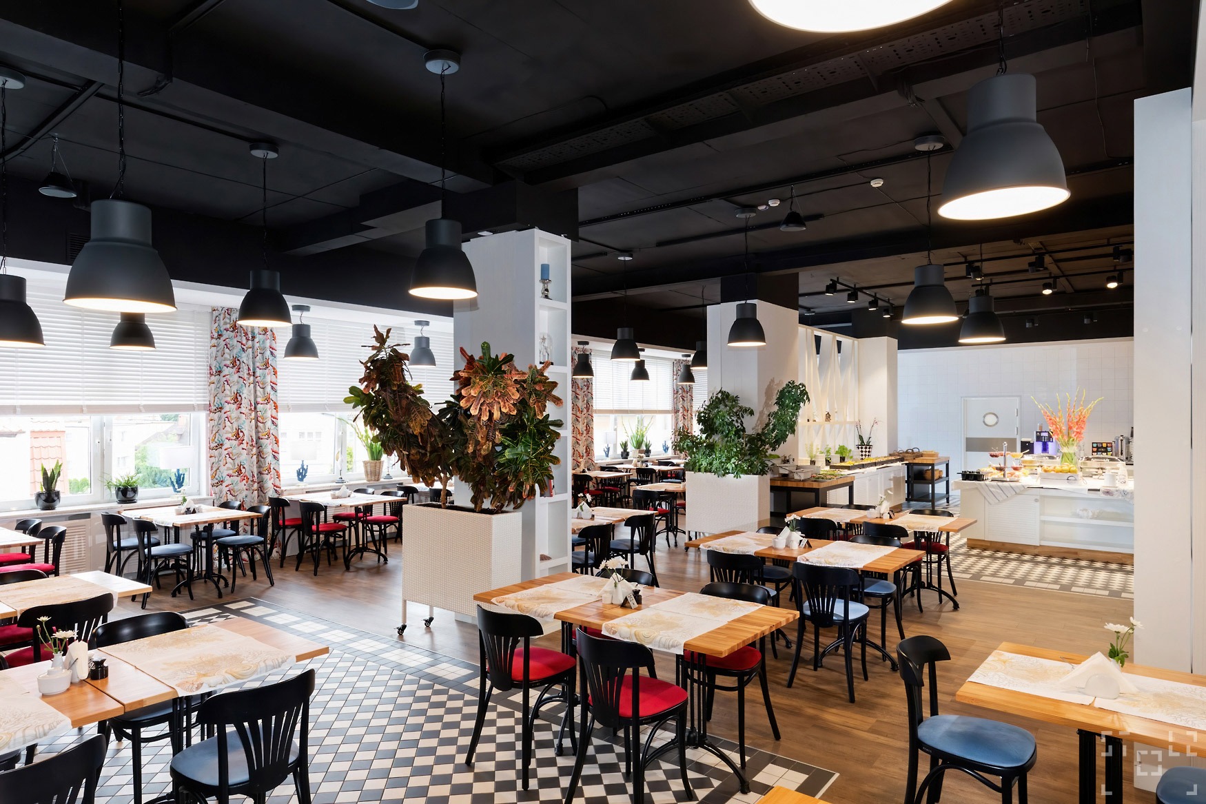 Jasne wnętrze restauracji z czarnym sufitem i wiszącymi lampami, drewnianą podłogą i stolikami z czarnymi krzesłami, dekorowane roślinami w białych donicach.