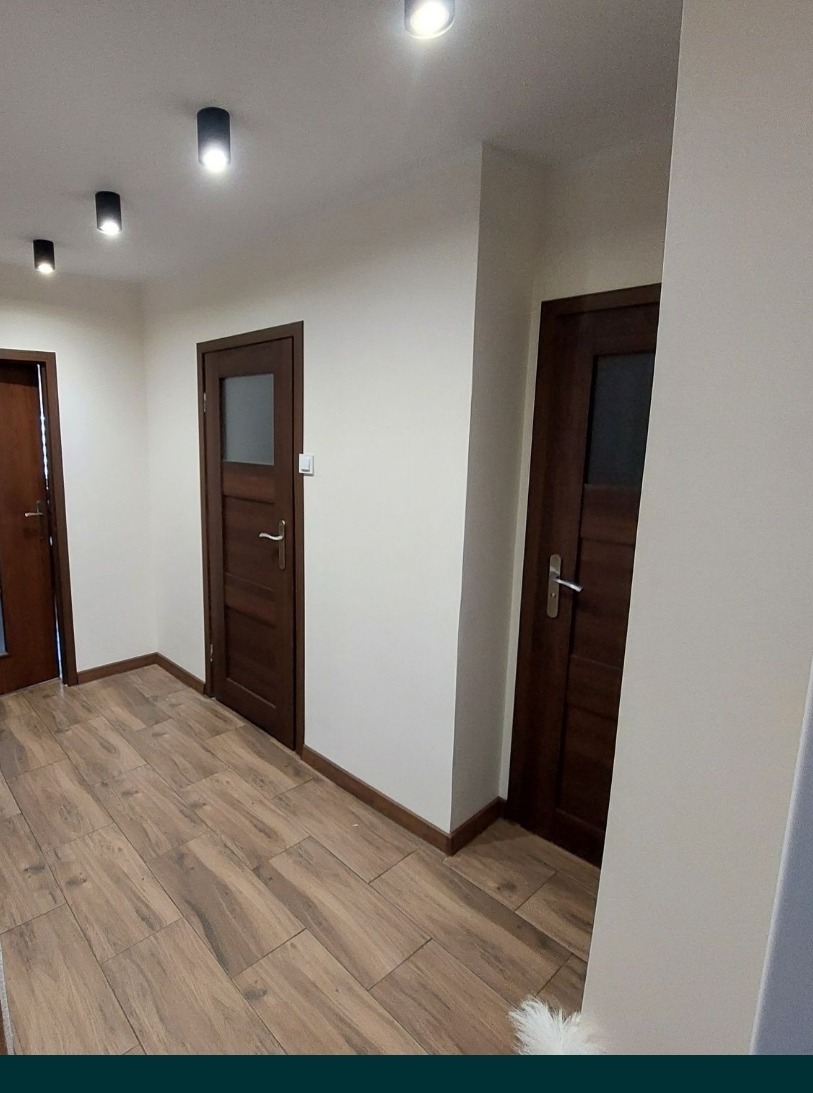 Korytarz z trzema ciemnobrązowymi drzwiami z ościeżnicami, podłoga wyłożona płytkami imitującymi drewno, sufit z zamontowanymi punktowymi lampami