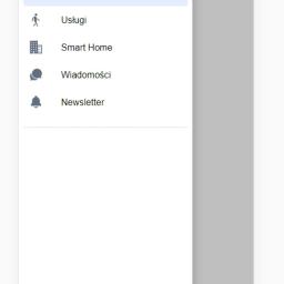 Fide-SOFT Tomasz Pisarewski - Ekran aplikacji mobilnej z menu bocznym wyświetlającym opcje: Sklep, Usługi, Smart Home, Wiadomości, Newsletter. Nazwa firmy Jacek Kociołek i adres kontakt@instal-mix.pl widoczne u góry.