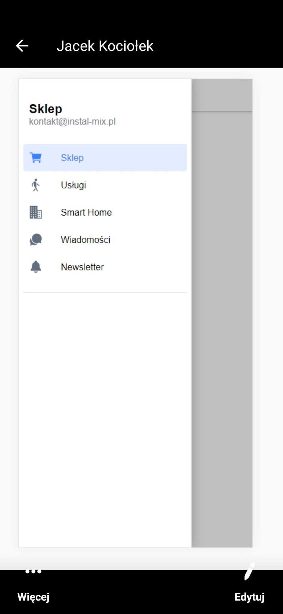 Ekran aplikacji mobilnej z menu bocznym wyświetlającym opcje: Sklep, Usługi, Smart Home, Wiadomości, Newsletter. Nazwa firmy Jacek Kociołek i adres kontakt@instal-mix.pl widoczne u góry.
