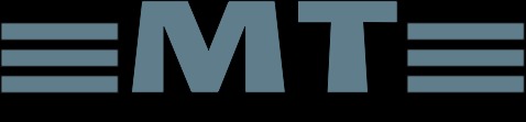 Szary logotyp z trzema poziomymi paskami po lewej i prawej stronie liter MT na czarnym tle.