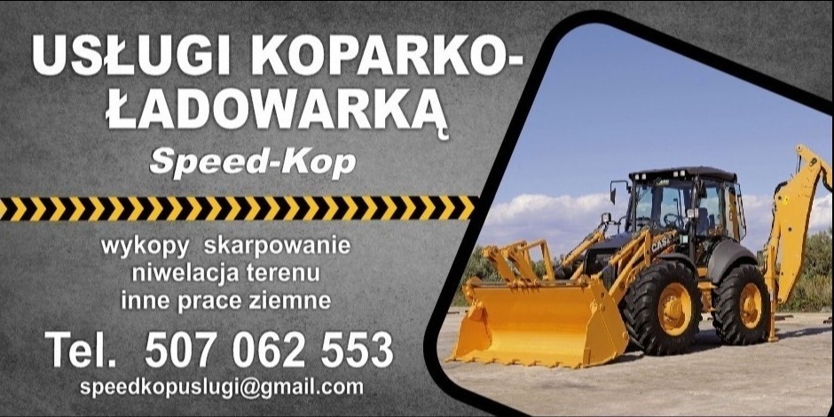 Grafika reklamowa z żółto-czarną koparko-ładowarką marki CASE na tle błękitnego nieba, oferująca usługi ziemne, w tym wykopy i niwelację terenu, z podanym numerem telefonu i adresem e-mail.