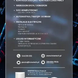 Grafika reklamowa firmy Krawtech prezentująca systemy alarmowe i monitoring, z centralą alarmową, dwoma czujnikami ruchu i kamerami kopułkowymi na pierwszym planie, a w tle dane kontaktowe i zakres...