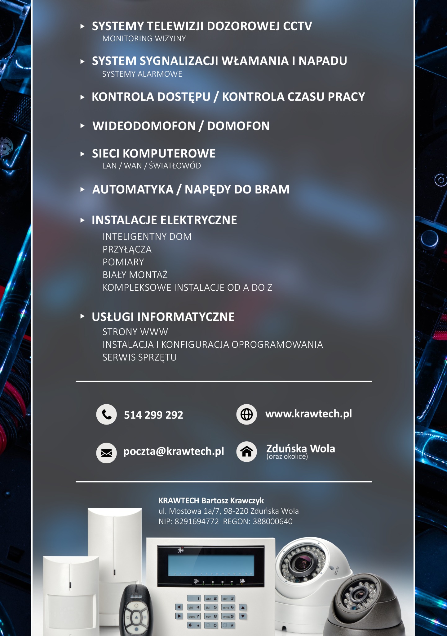 Grafika reklamowa firmy Krawtech prezentująca systemy alarmowe i monitoring, z centralą alarmową, dwoma czujnikami ruchu i kamerami kopułkowymi na pierwszym planie, a w tle dane kontaktowe i zakres...