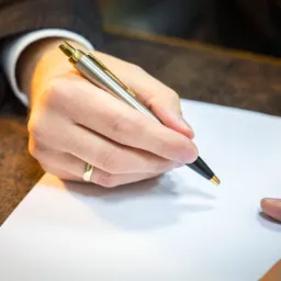 Ręka mężczyzny w garniturze, z obrączką na palcu, pisząca srebrnym długopisem na białej kartce papieru na brązowym blacie.