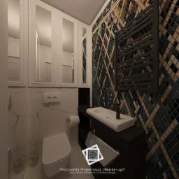 Wizualizacja łazienki z białymi szafkami z lustrami, toaletą, umywalką na czarnej szafce i grzejnikiem drabinkowym na ścianie wyłożonej mozaiką w romby.