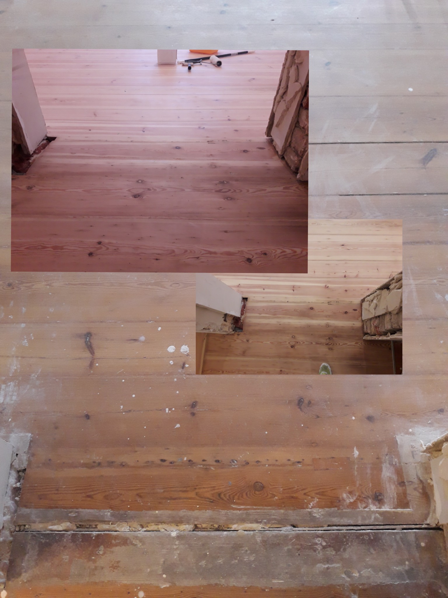 Fragment drewnianej podłogi w trakcie renowacji, z widocznym obszarem po obróbce i narzędziami w tle, oraz fragmentem podłogi przed renowacją z widocznymi śladami farby.