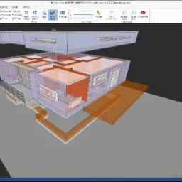 Wizualizacja 3D domu jednorodzinnego w programie BIMvision, prezentująca przekroje ścian i rozmieszczenie pomieszczeń, z widocznymi elementami konstrukcyjnymi i instalacjami, wyświetlona na tle...