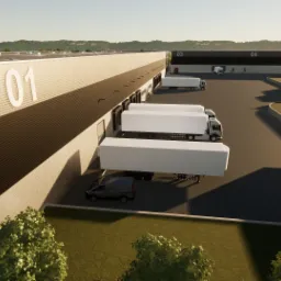 Wizualizacja projektu hali magazynowej z rampami załadunkowymi i zaparkowanymi ciężarówkami, widok z góry.