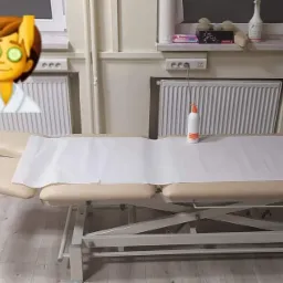 Beżowy, rozkładany stół do zabiegów z podkładem jednorazowym i butelką płynu w gabinecie w Tychach, widoczne grzejniki i kosmetyki na parapecie.