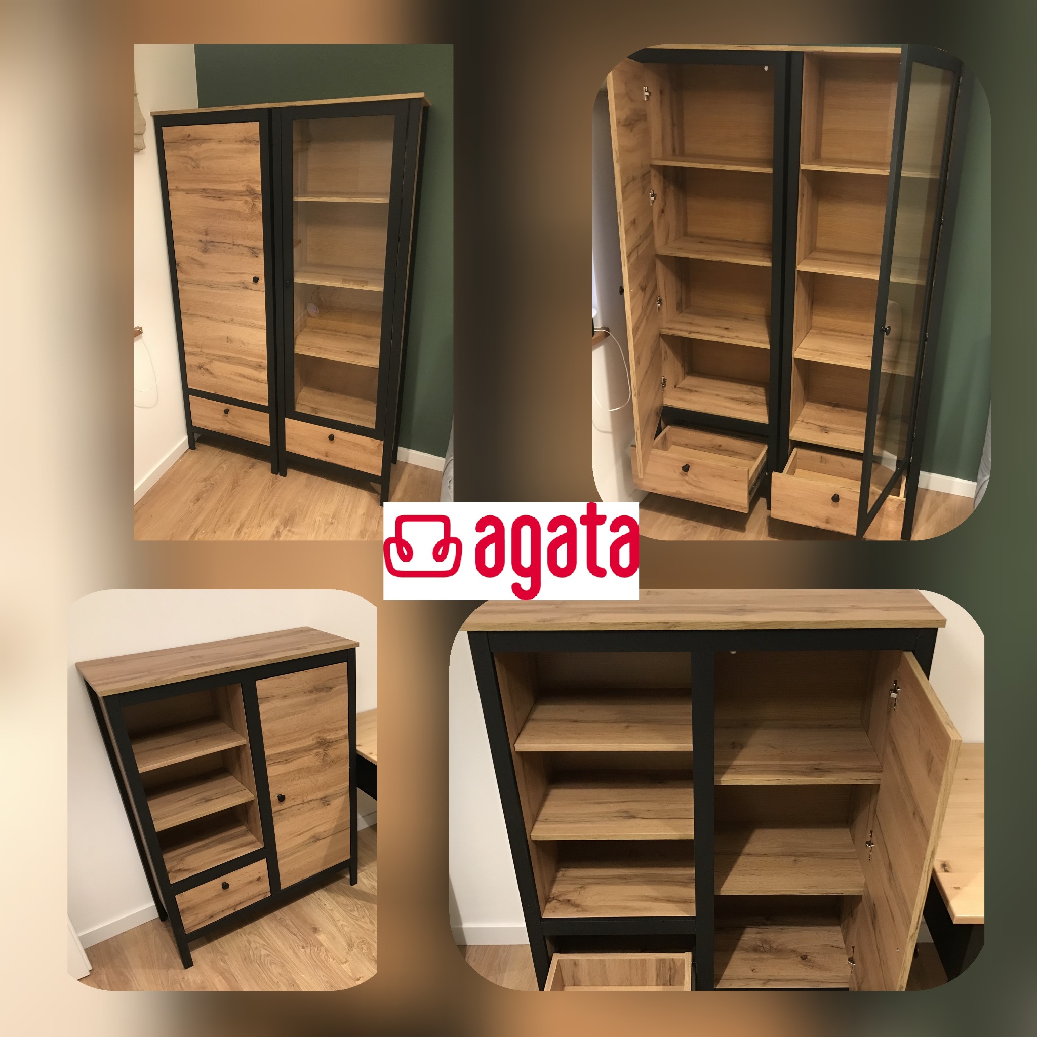Kolaż prezentujący drewniane szafki z czarnymi ramami, z różnymi kątami widzenia, w tym detale wnętrza z półkami i szufladami, oraz logo producenta na środku.