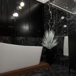 Elegancka łazienka w czerni i bieli z wolnostojącą wanną na drewnianym podeście, marmurowe ściany, designerskie oświetlenie i czarna szafka umywalkowa z geometrycznym wzorem.