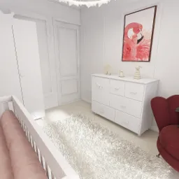 Pok&oacute;j dziecięcy w bieli z akcentami r&oacute;żu i bordo: białe meble, ł&oacute;żeczko z r&oacute;żową pościelą, komoda z dekoracyjną kokardką, puszysty dywan i bordowy fotel z poduszką w kształcie sowy, na ścianie...