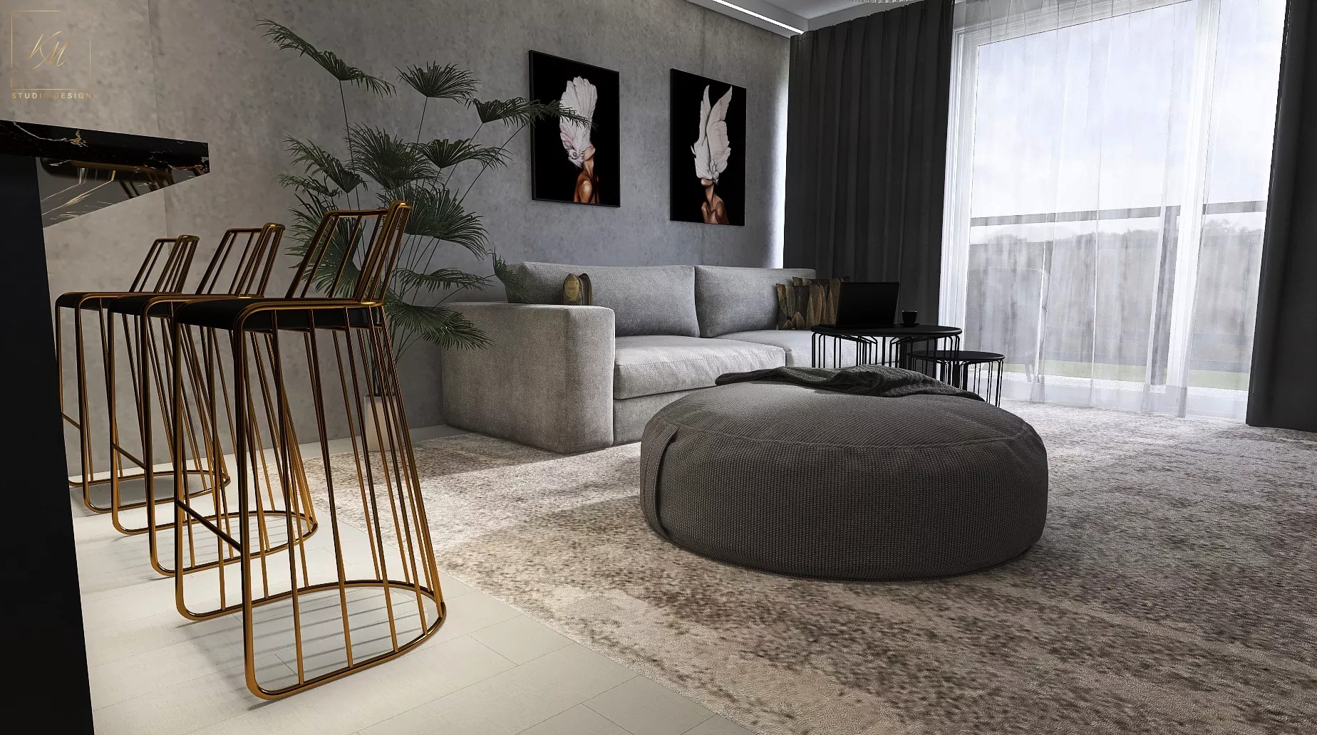 Wnętrze w odcieniach szarości z akcentami złota: sofa narożna, puf, dywan z abstrakcyjnym wzorem, wysokie krzesła barowe z metalową konstrukcją oraz obrazy na ścianie.
