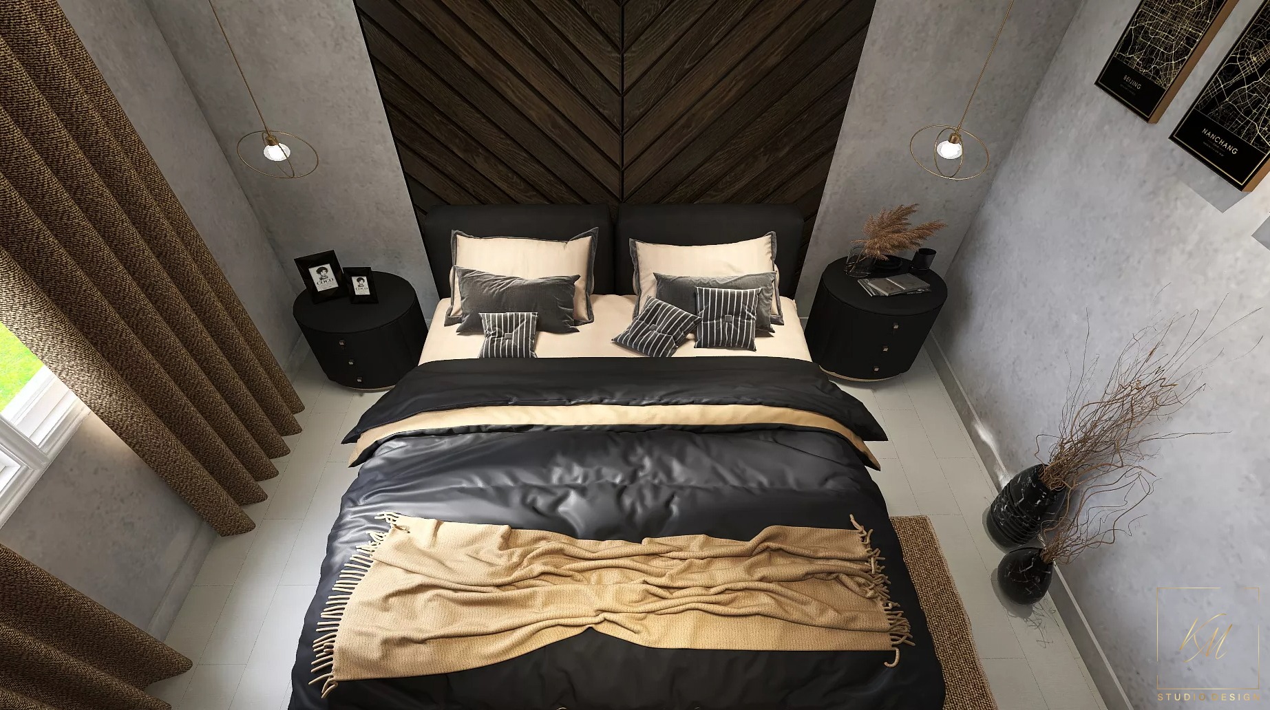 Elegancka sypialnia z czarnym łóżkiem, drewnianą ścianą w jodełkę, okrągłymi szafkami nocnymi i złotymi akcentami, widok z góry.