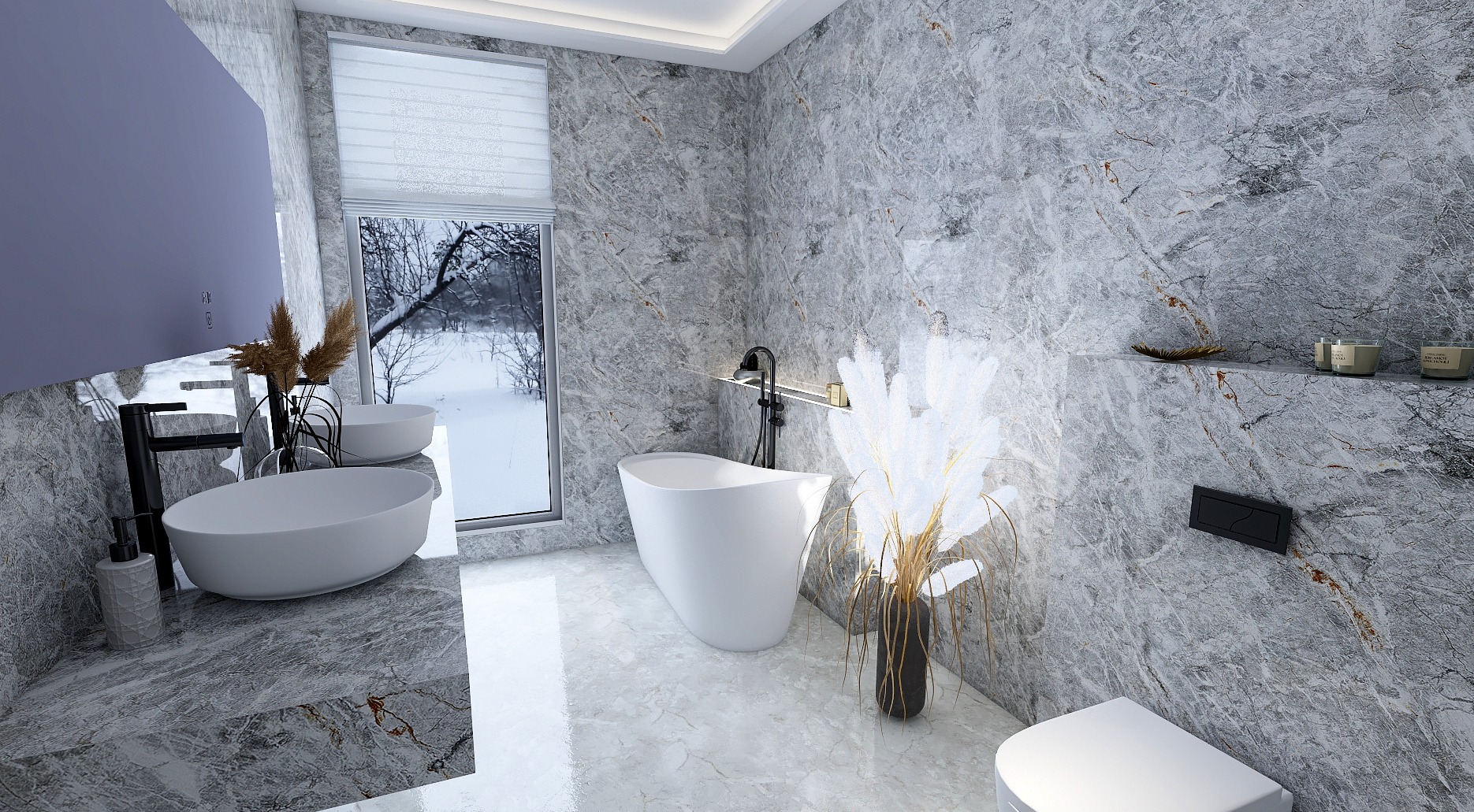 Nowoczesna łazienka z marmurowymi ścianami, wolnostojącą białą wanną, umywalką nablatową i widokiem na zimowy krajobraz za oknem.