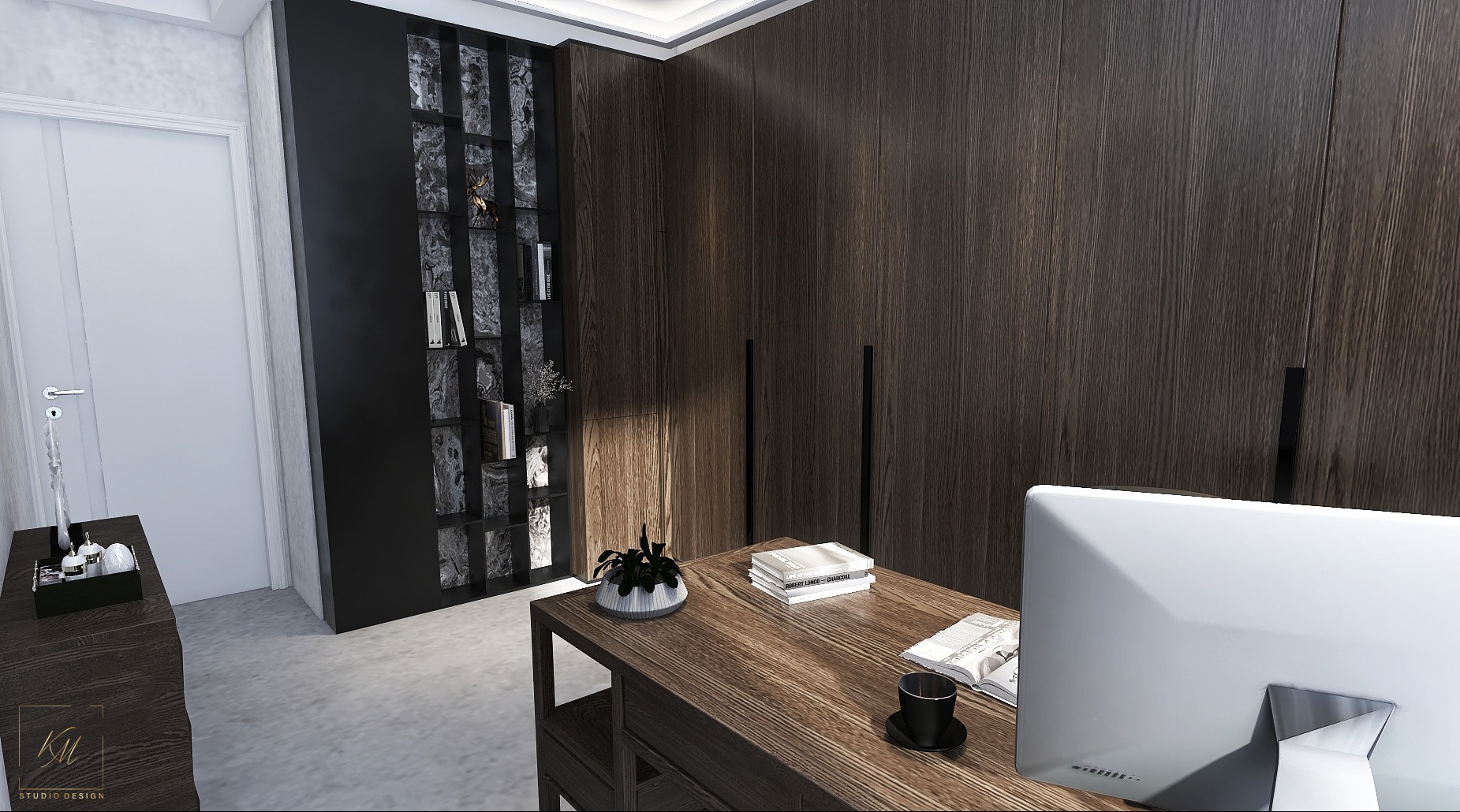 Wizualizacja ciemnego, nowoczesnego gabinetu z drewnianymi szafami w zabudowie, czarnym regałem z marmurowymi wstawkami, biurkiem z rośliną w doniczce i czarną filiżanką. Widoczny fragment białego...