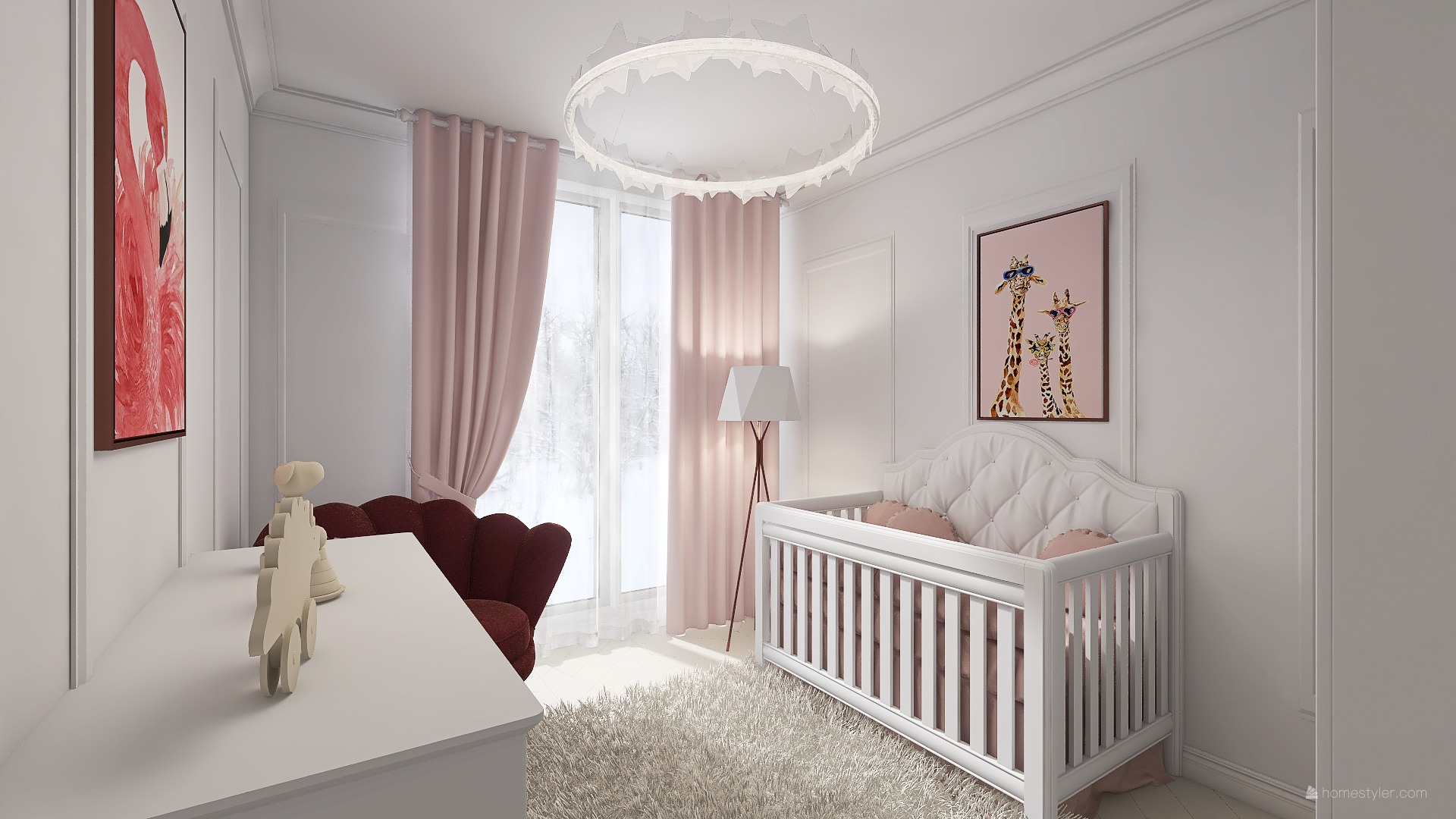 Pokój dziecięcy z białym łóżeczkiem z pikowanym zagłówkiem, różowymi zasłonami i lampą w kształcie pierścienia. Na ścianie wiszą obrazy z motywem zwierzęcym i abstrakcyjnym. W rogu stoi czerwony...