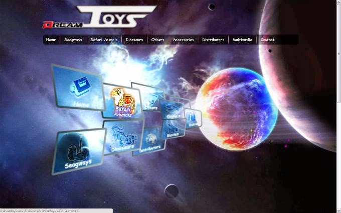 Strona internetowa sklepu z zabawkami Dream Toys z motywem kosmicznym w tle, menu nawigacyjne z kategoriami produktów i ikonami.