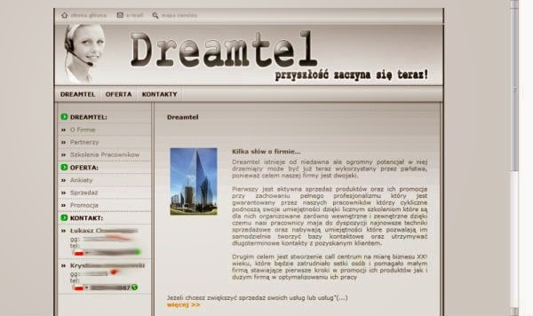 Zrzut ekranu strony internetowej firmy Dreamtel z nagłówkiem zawierającym logo i slogan, menu nawigacyjne oraz treść 'Kilka słów o firmie' z miniaturą nowoczesnych wieżowców w tle.