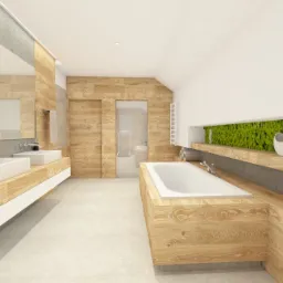 Wizualizacja przestronnej łazienki z drewnianymi akcentami, dwiema umywalkami nablatowymi, wanną obudowaną drewnem i ścianą z mchu dekoracyjnego.